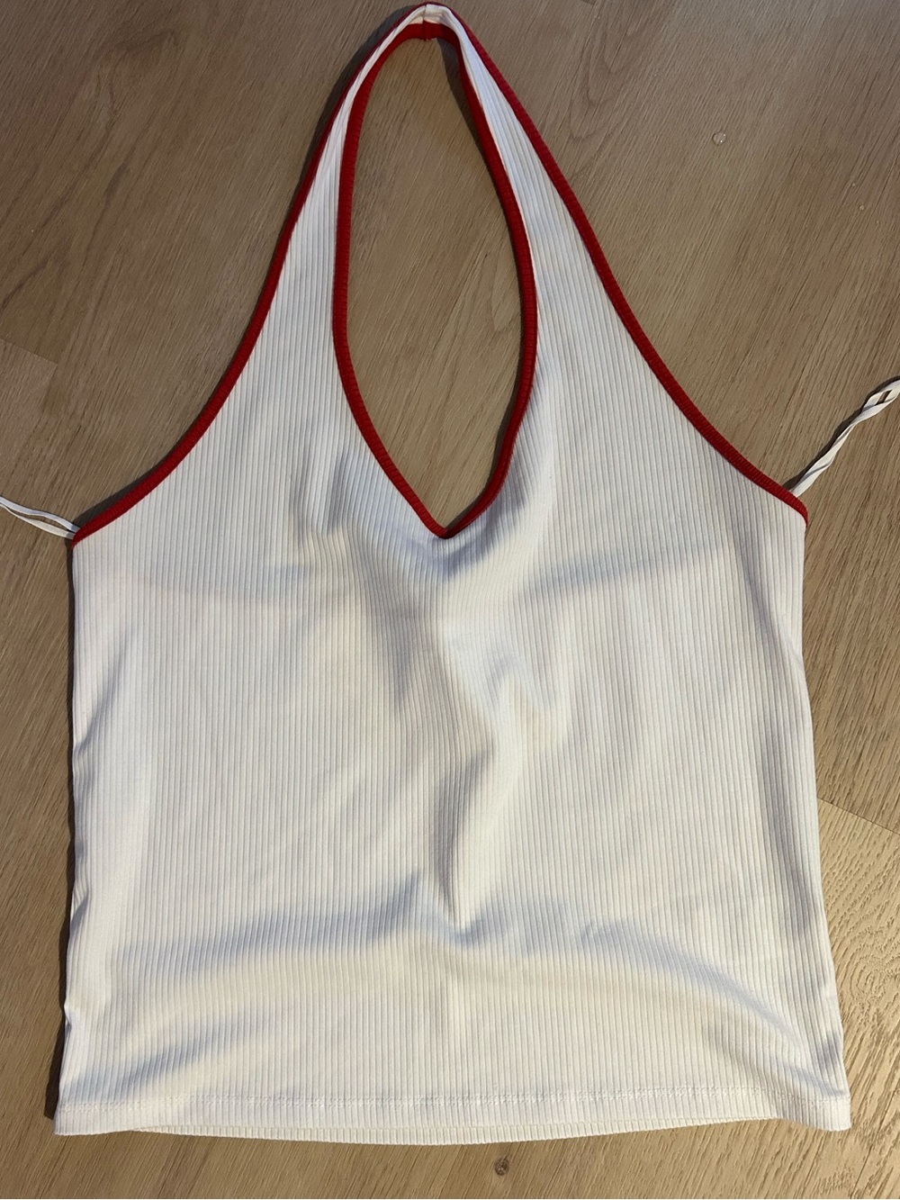 American Eagle Outfitters White Ribbed Halter Tank with Red Trim